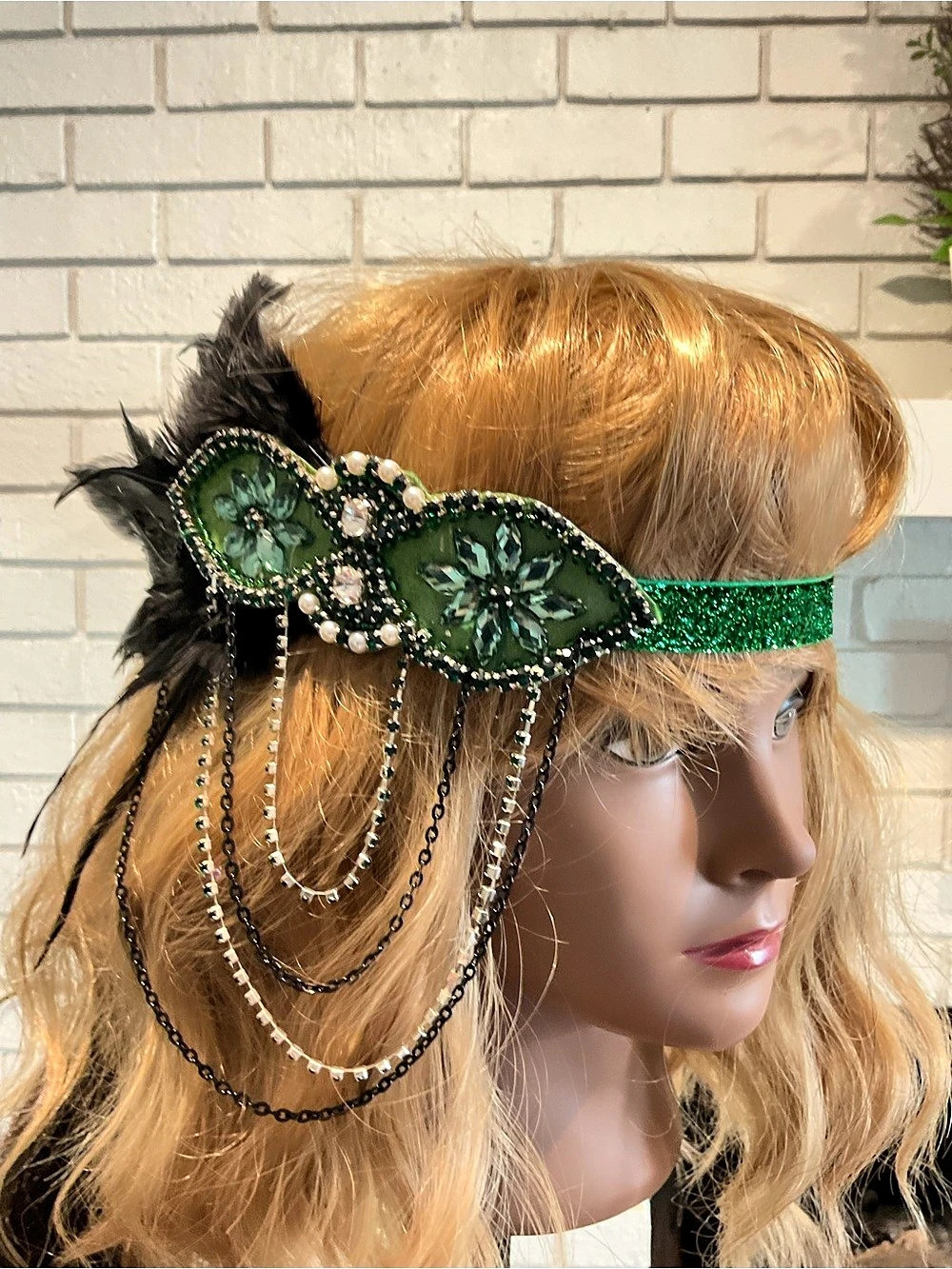 Green Feather Beaded Headpiece Roaring twenties accessories